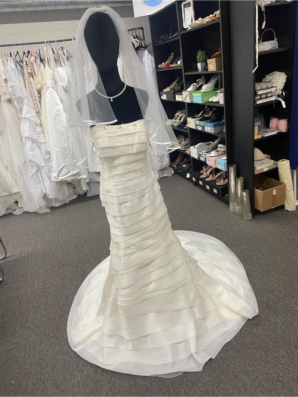 NWT Demetrios Ivory Strapless Layered Wedding Gown with Veil